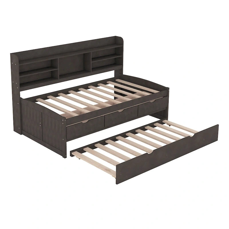 Twin Captain Bed with Bookcase Headboard, 3 Drawers & Trundle – Gray / White / Antique Gray, Pine & MDF, Single