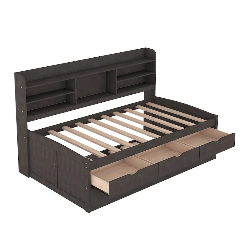 Twin Captain Bed with Bookcase Headboard, 3 Drawers & Trundle – Gray / White / Antique Gray, Pine & MDF, Single