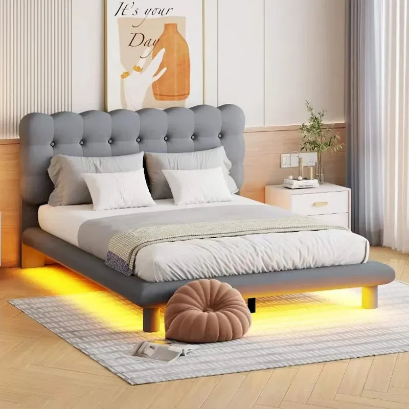 Queen Velvet Upholstered Platform Bed with LED Lights & Button-Tufted Headboard – Beige / Gray, MDF & Plywood, Single