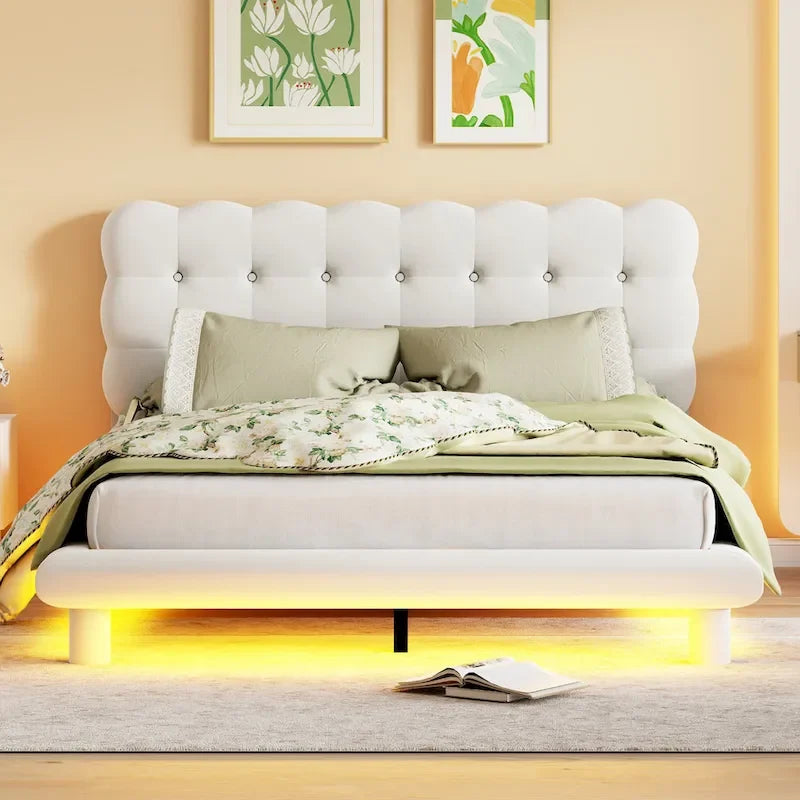 Queen Velvet Upholstered Platform Bed with LED Lights & Button-Tufted Headboard – Beige / Gray, MDF & Plywood, Single