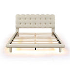 Queen Velvet Upholstered Platform Bed with LED Lights & Button-Tufted Headboard – Beige / Gray, MDF & Plywood, Single
