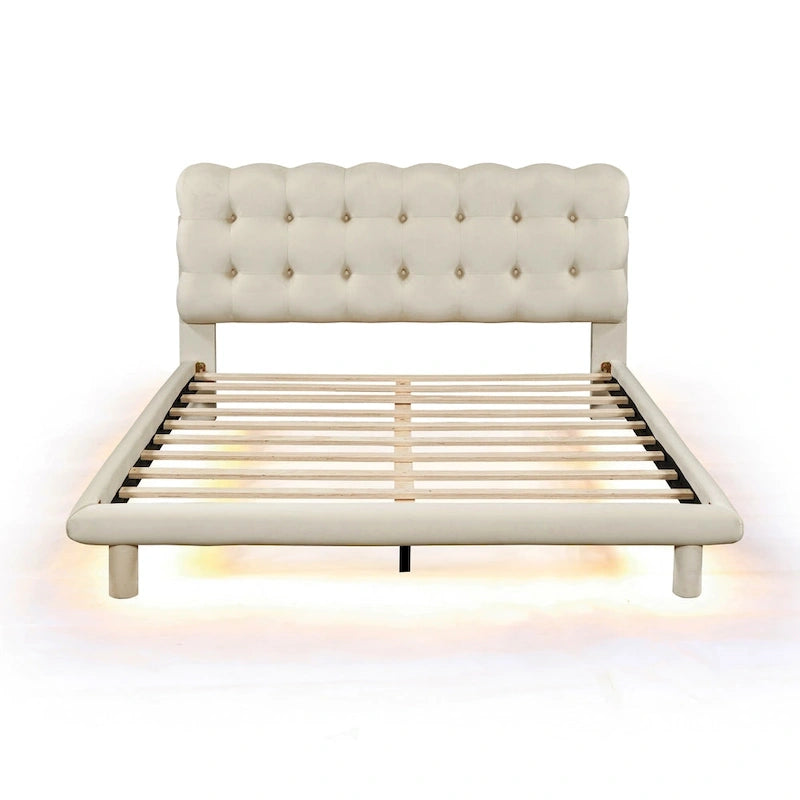 Queen Velvet Upholstered Platform Bed with LED Lights & Button-Tufted Headboard – Beige / Gray, MDF & Plywood, Single