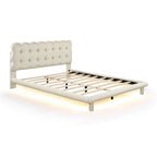 Queen Velvet Upholstered Platform Bed with LED Lights & Button-Tufted Headboard – Beige / Gray, MDF & Plywood, Single
