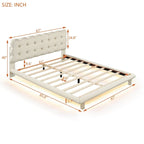 Queen Velvet Upholstered Platform Bed with LED Lights & Button-Tufted Headboard – Beige / Gray, MDF & Plywood, Single