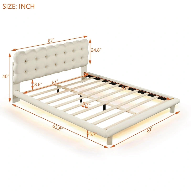 Queen Velvet Upholstered Platform Bed with LED Lights & Button-Tufted Headboard – Beige / Gray, MDF & Plywood, Single