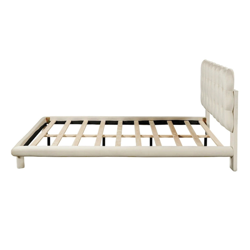 Queen Velvet Upholstered Platform Bed with LED Lights & Button-Tufted Headboard – Beige / Gray, MDF & Plywood, Single