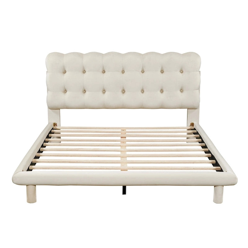 Queen Velvet Upholstered Platform Bed with LED Lights & Button-Tufted Headboard – Beige / Gray, MDF & Plywood, Single