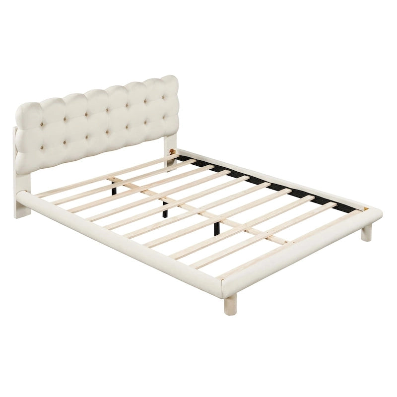 Queen Velvet Upholstered Platform Bed with LED Lights & Button-Tufted Headboard – Beige / Gray, MDF & Plywood, Single