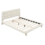 Queen Velvet Upholstered Platform Bed with LED Lights & Button-Tufted Headboard – Beige / Gray, MDF & Plywood, Single