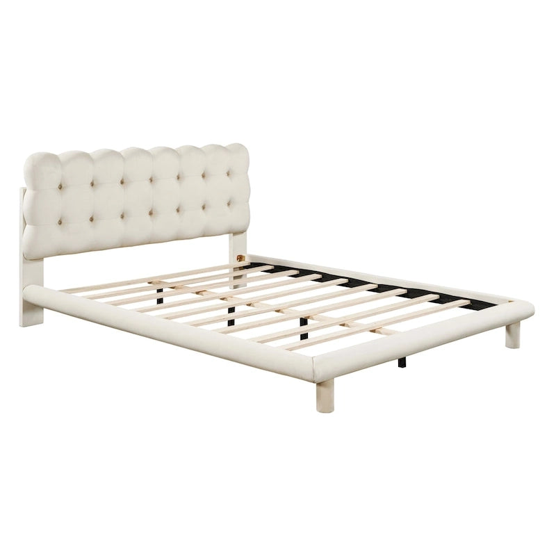Queen Velvet Upholstered Platform Bed with LED Lights & Button-Tufted Headboard – Beige / Gray, MDF & Plywood, Single