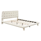 Queen Velvet Upholstered Platform Bed with LED Lights & Button-Tufted Headboard – Beige / Gray, MDF & Plywood, Single