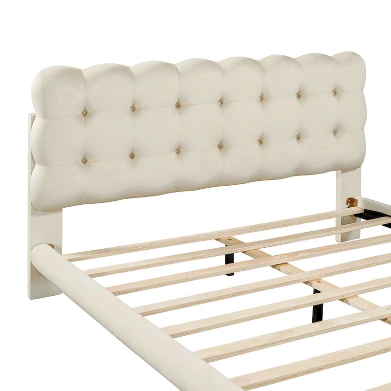 Queen Velvet Upholstered Platform Bed with LED Lights & Button-Tufted Headboard – Beige / Gray, MDF & Plywood, Single