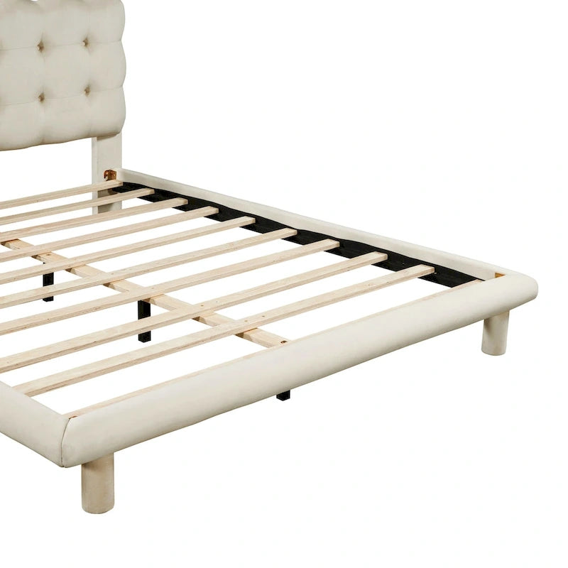 Queen Velvet Upholstered Platform Bed with LED Lights & Button-Tufted Headboard – Beige / Gray, MDF & Plywood, Single