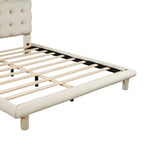 Queen Velvet Upholstered Platform Bed with LED Lights & Button-Tufted Headboard – Beige / Gray, MDF & Plywood, Single