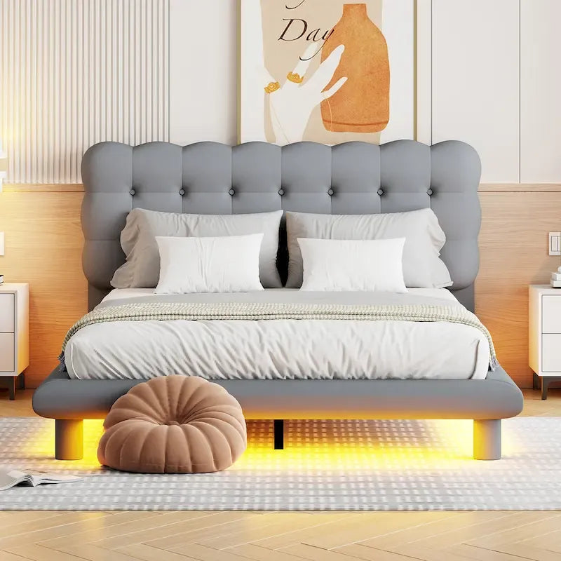 Queen Velvet Upholstered Platform Bed with LED Lights & Button-Tufted Headboard – Beige / Gray, MDF & Plywood, Single
