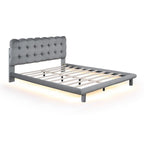 Queen Velvet Upholstered Platform Bed with LED Lights & Button-Tufted Headboard – Beige / Gray, MDF & Plywood, Single