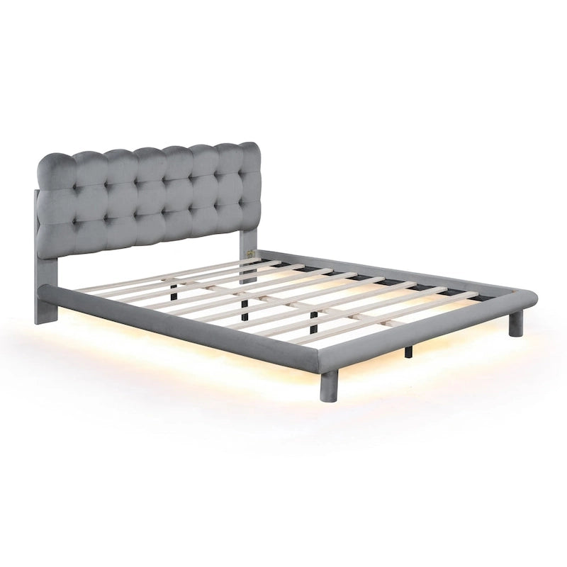 Queen Velvet Upholstered Platform Bed with LED Lights & Button-Tufted Headboard – Beige / Gray, MDF & Plywood, Single
