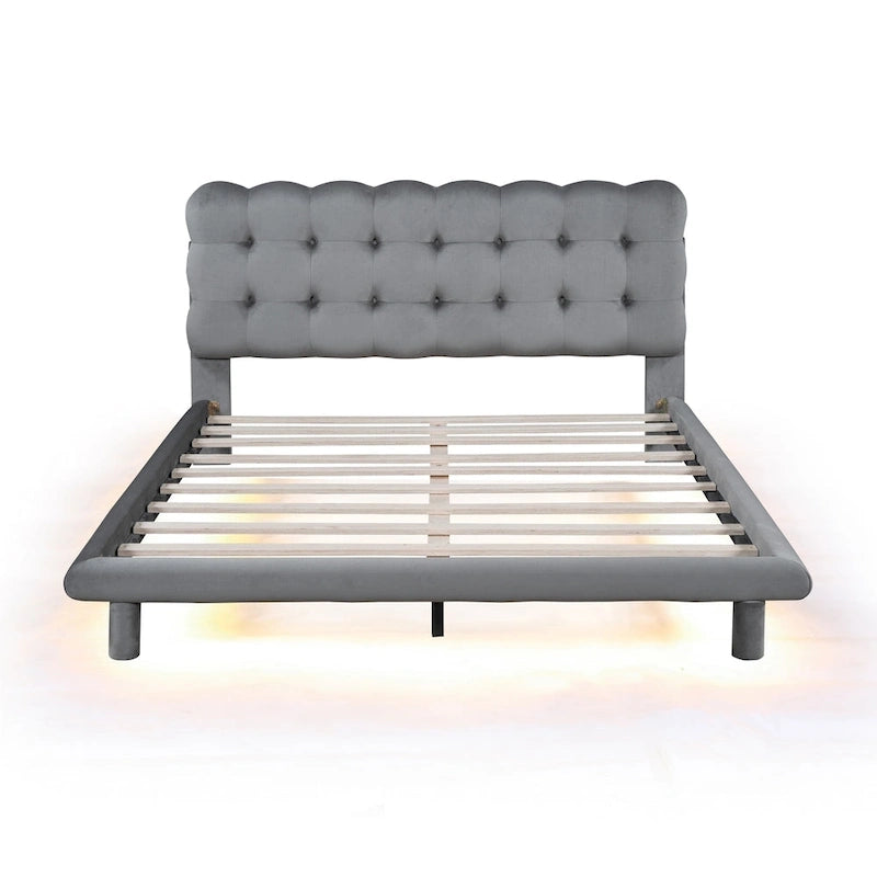 Queen Velvet Upholstered Platform Bed with LED Lights & Button-Tufted Headboard – Beige / Gray, MDF & Plywood, Single