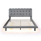 Queen Velvet Upholstered Platform Bed with LED Lights & Button-Tufted Headboard – Beige / Gray, MDF & Plywood, Single