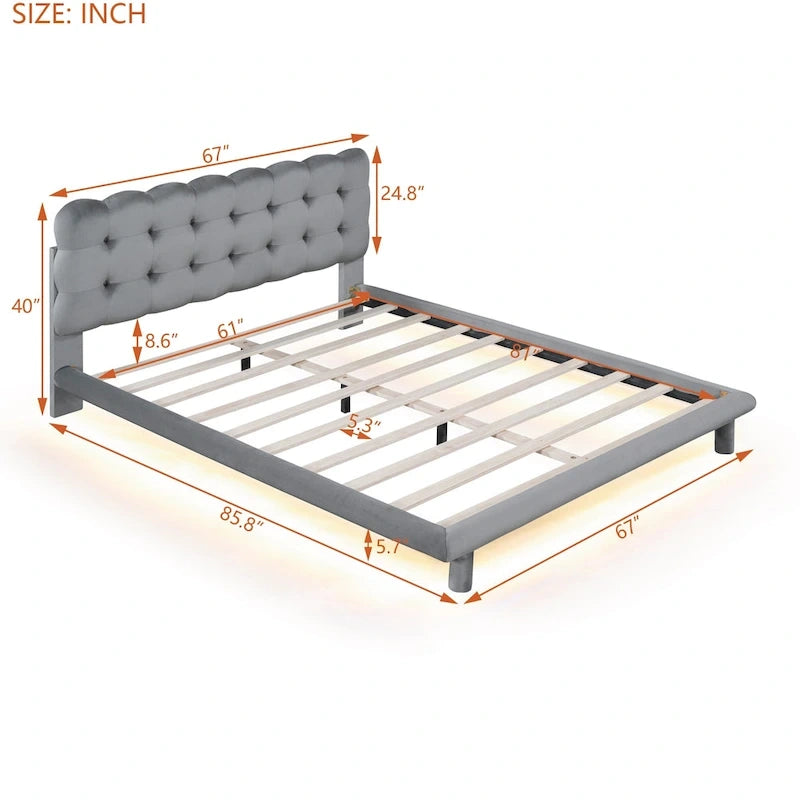 Queen Velvet Upholstered Platform Bed with LED Lights & Button-Tufted Headboard – Beige / Gray, MDF & Plywood, Single