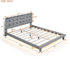 Queen Velvet Upholstered Platform Bed with LED Lights & Button-Tufted Headboard – Beige / Gray, MDF & Plywood, Single