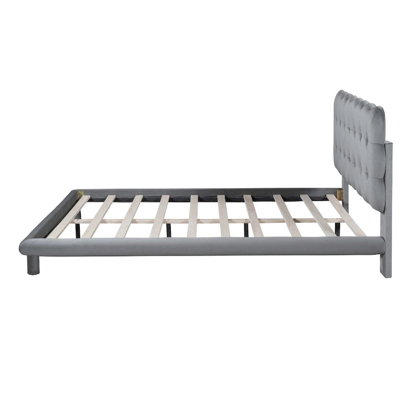 Queen Velvet Upholstered Platform Bed with LED Lights & Button-Tufted Headboard – Beige / Gray, MDF & Plywood, Single