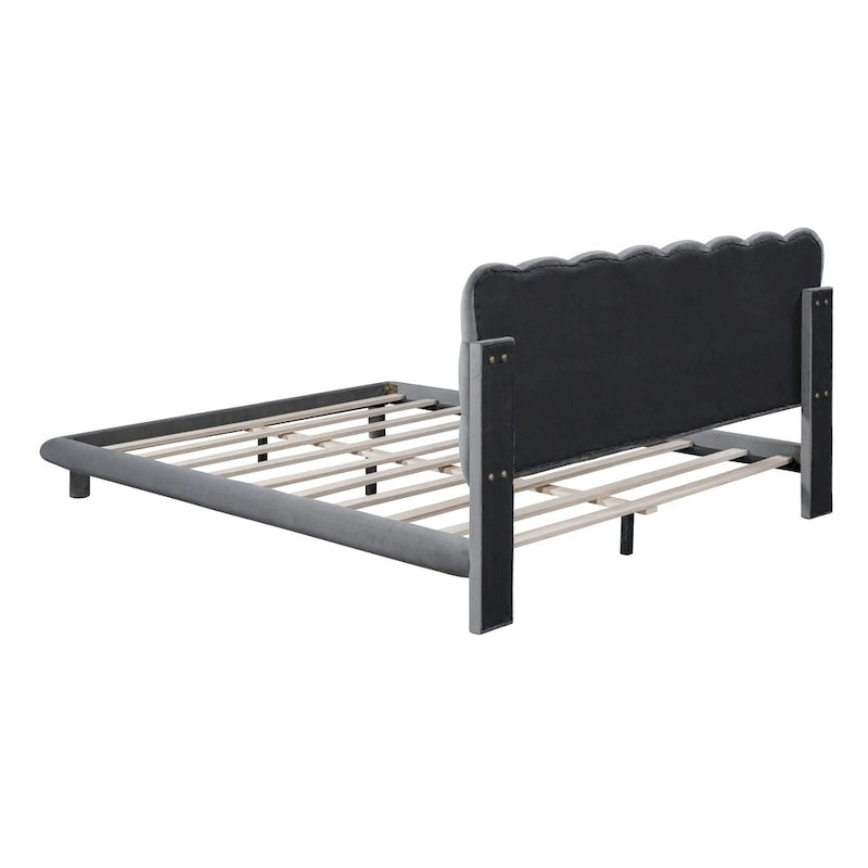 Queen Velvet Upholstered Platform Bed with LED Lights & Button-Tufted Headboard – Beige / Gray, MDF & Plywood, Single
