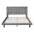 Queen Velvet Upholstered Platform Bed with LED Lights & Button-Tufted Headboard – Beige / Gray, MDF & Plywood, Single