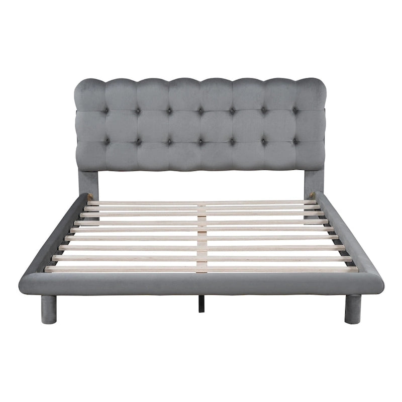Queen Velvet Upholstered Platform Bed with LED Lights & Button-Tufted Headboard – Beige / Gray, MDF & Plywood, Single
