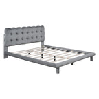 Queen Velvet Upholstered Platform Bed with LED Lights & Button-Tufted Headboard – Beige / Gray, MDF & Plywood, Single