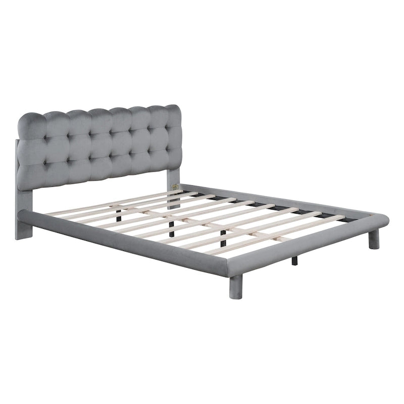 Queen Velvet Upholstered Platform Bed with LED Lights & Button-Tufted Headboard – Beige / Gray, MDF & Plywood, Single
