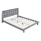 Queen Velvet Upholstered Platform Bed with LED Lights & Button-Tufted Headboard – Beige / Gray, MDF & Plywood, Single