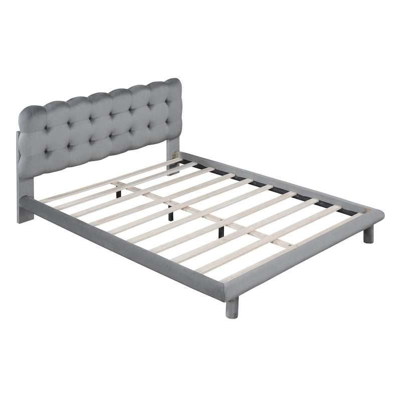 Queen Velvet Upholstered Platform Bed with LED Lights & Button-Tufted Headboard – Beige / Gray, MDF & Plywood, Single