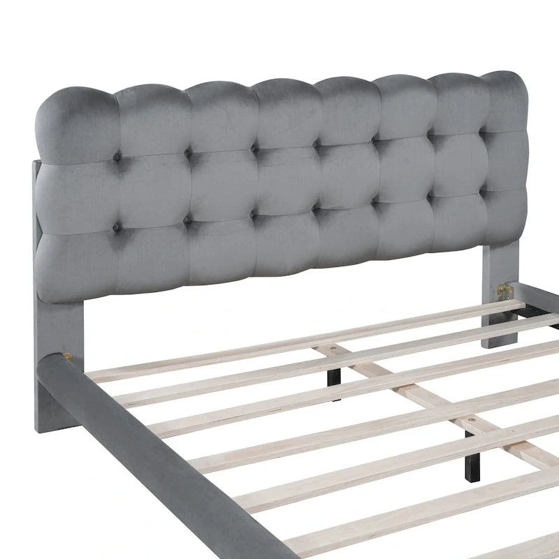 Queen Velvet Upholstered Platform Bed with LED Lights & Button-Tufted Headboard – Beige / Gray, MDF & Plywood, Single