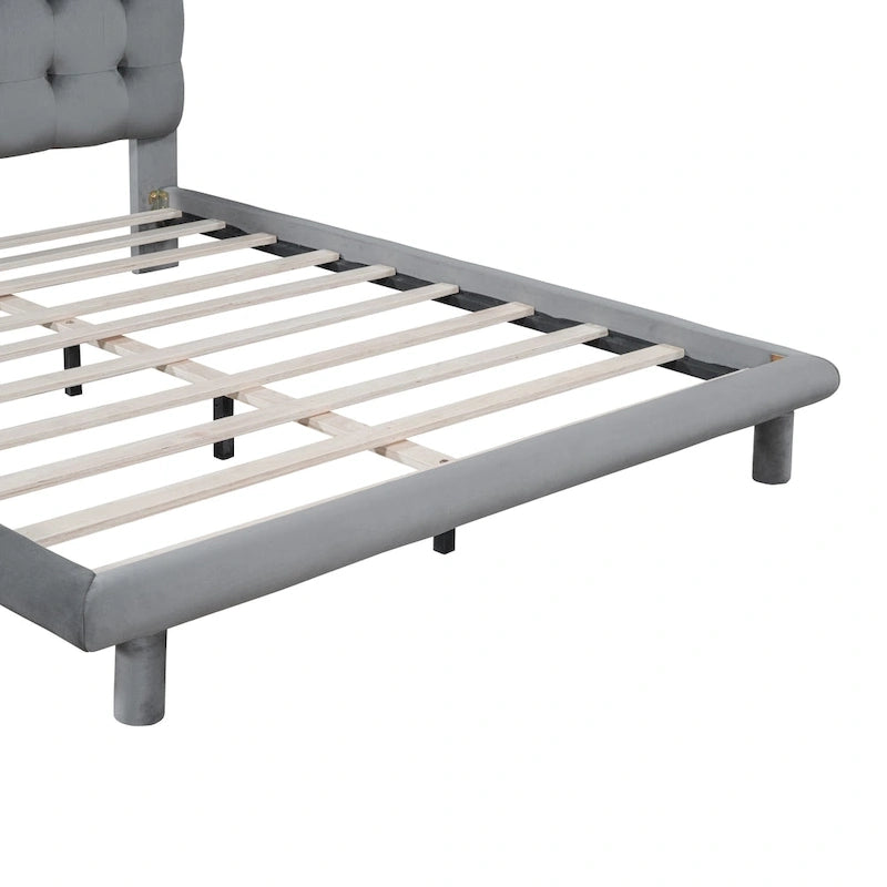 Queen Velvet Upholstered Platform Bed with LED Lights & Button-Tufted Headboard – Beige / Gray, MDF & Plywood, Single