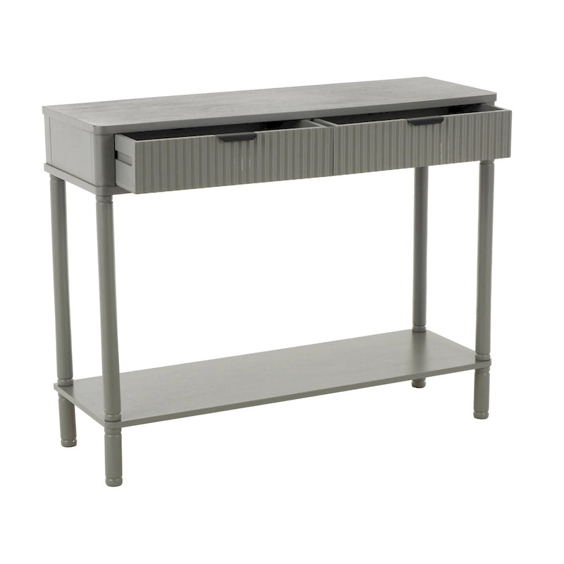 Handmade 2-Drawer Console Table – Grey, Ribbed Front, Black Handles, Fixed Shelf, Single