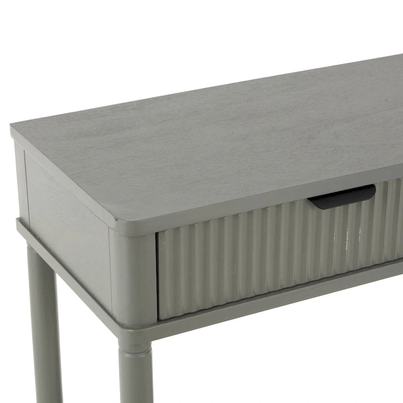 Handmade 2-Drawer Console Table – Grey, Ribbed Front, Black Handles, Fixed Shelf, Single