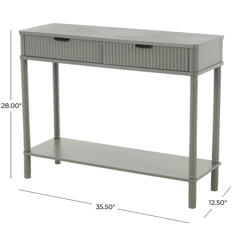 Handmade 2-Drawer Console Table – Grey, Ribbed Front, Black Handles, Fixed Shelf, Single