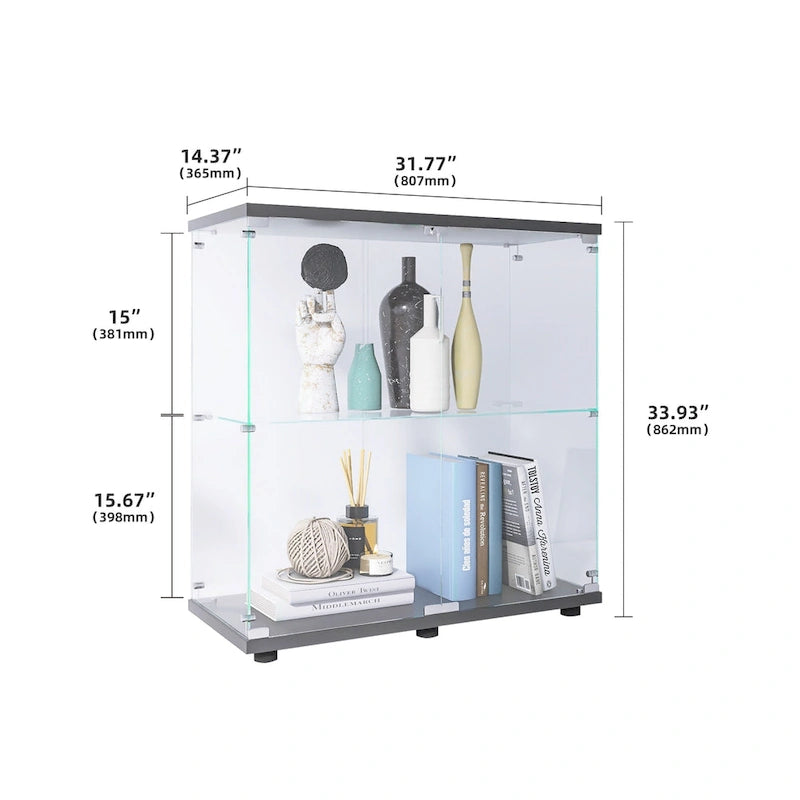 2-Door Tempered Glass Display Cabinet – Black, 2 Shelves, Wood Particle Board Frame, Single