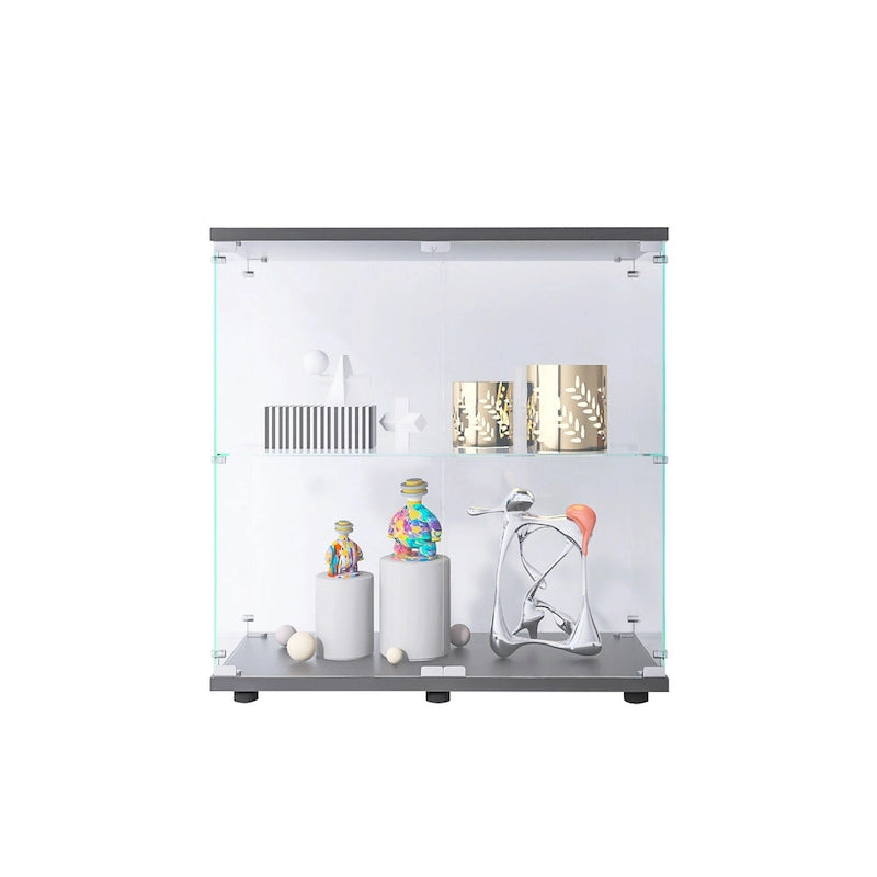 2-Door Tempered Glass Display Cabinet – Black, 2 Shelves, Wood Particle Board Frame, Single