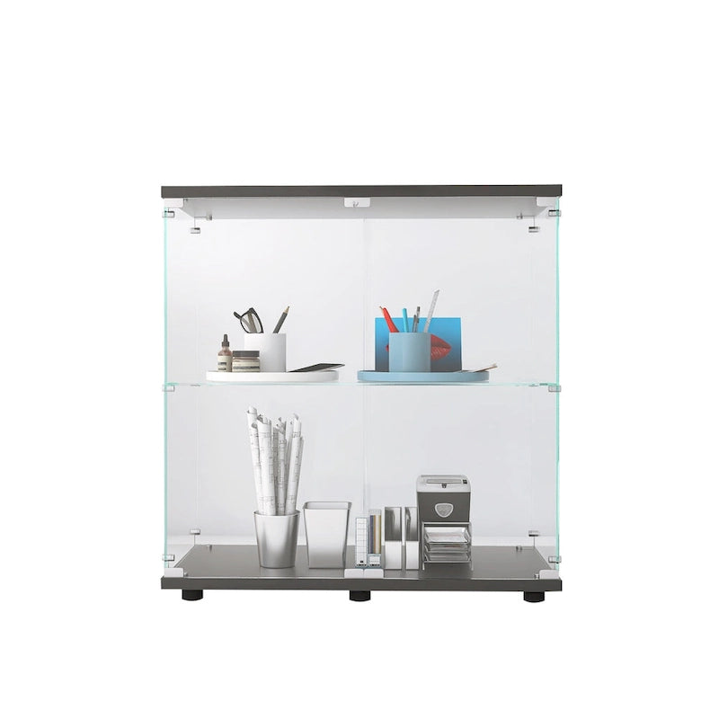 2-Door Tempered Glass Display Cabinet – Black, 2 Shelves, Wood Particle Board Frame, Single