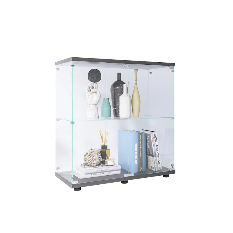 2-Door Tempered Glass Display Cabinet – Black, 2 Shelves, Wood Particle Board Frame, Single