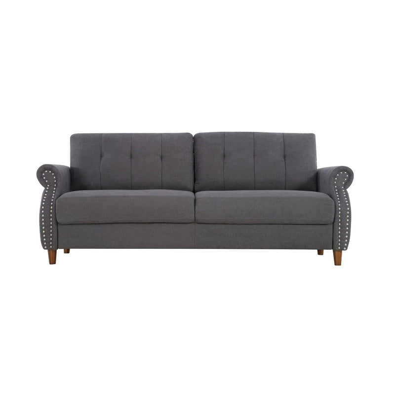 Transitional Button Tufted Sofa – Grey / Beige / Blue / Camel, Nail Head Trim, Rolled Arms, Seats 3