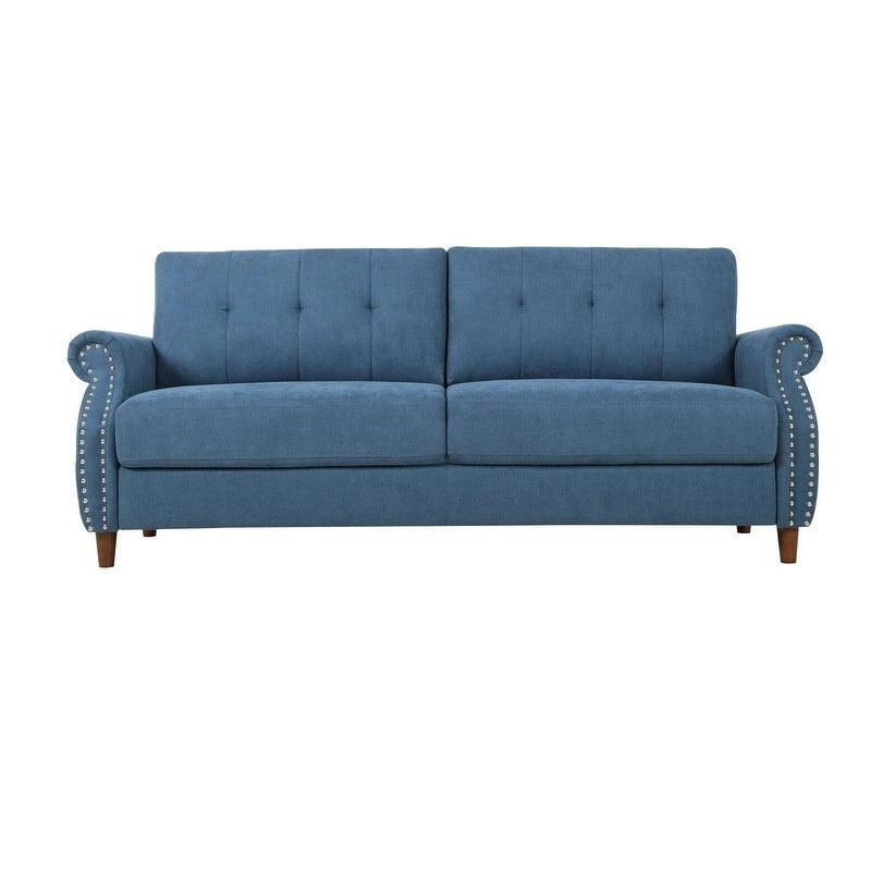 Transitional Button Tufted Sofa – Grey / Beige / Blue / Camel, Nail Head Trim, Rolled Arms, Seats 3