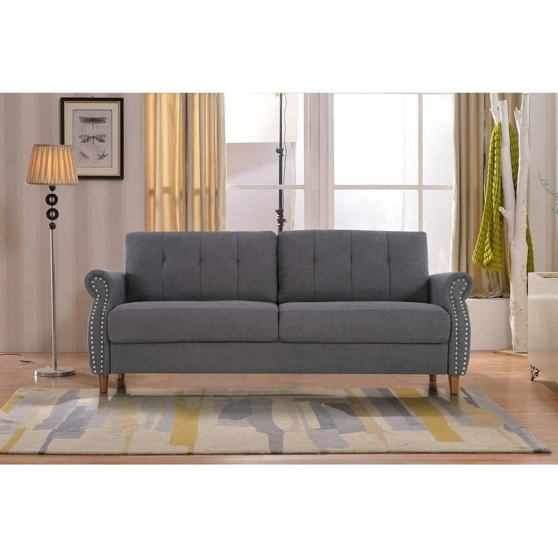 Transitional Button Tufted Sofa – Grey / Beige / Blue / Camel, Nail Head Trim, Rolled Arms, Seats 3