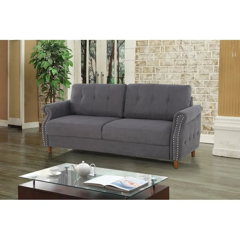Transitional Button Tufted Sofa – Grey / Beige / Blue / Camel, Nail Head Trim, Rolled Arms, Seats 3