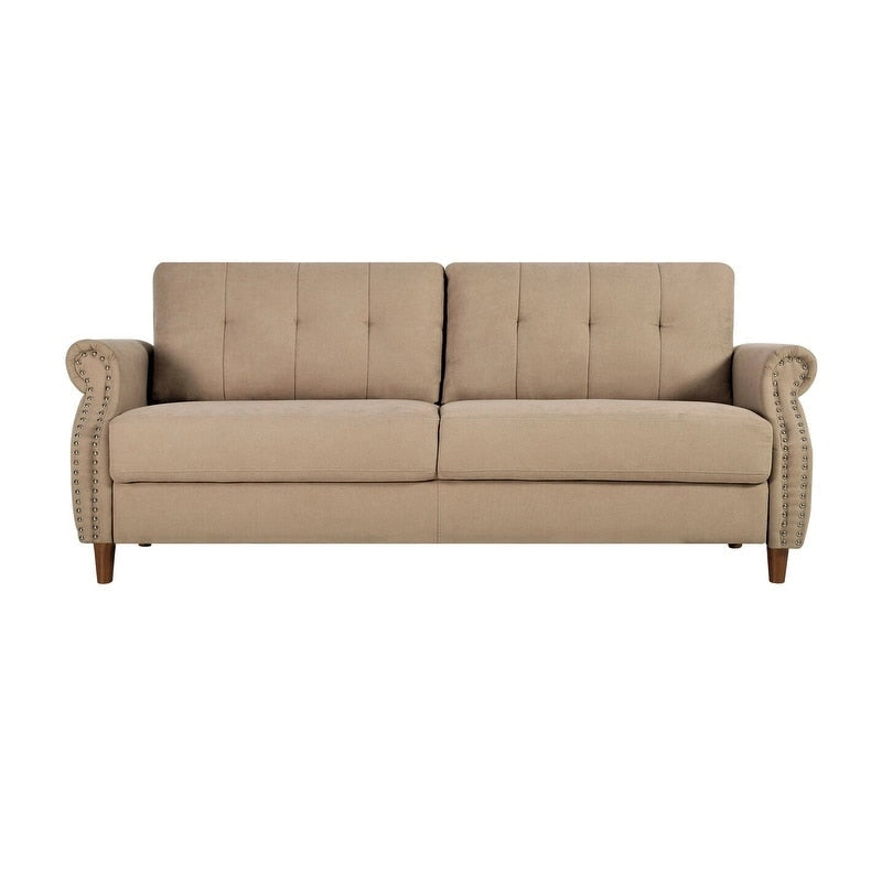 Transitional Button Tufted Sofa – Grey / Beige / Blue / Camel, Nail Head Trim, Rolled Arms, Seats 3