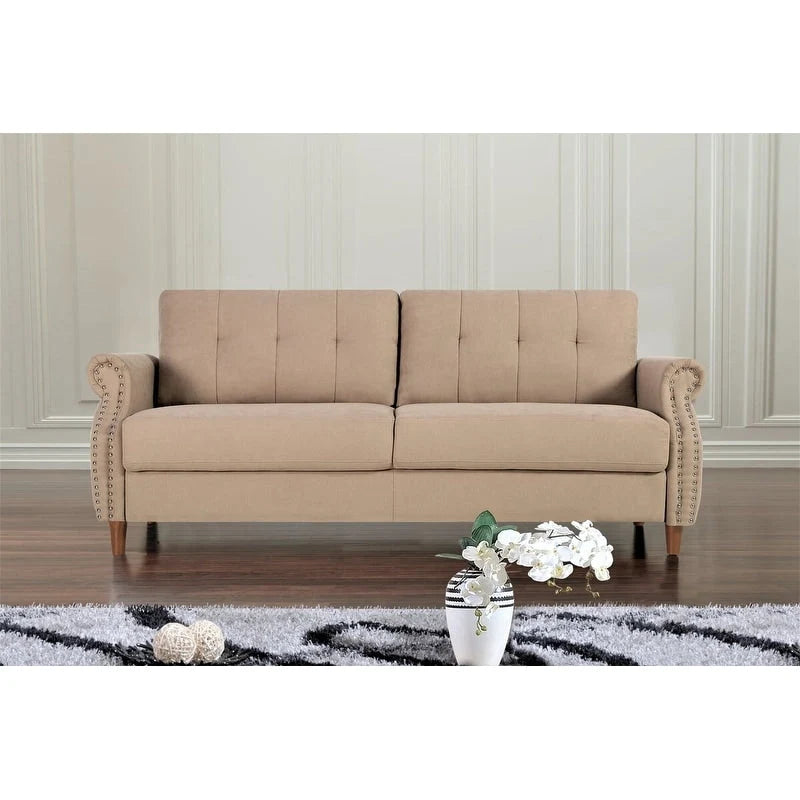 Transitional Button Tufted Sofa – Grey / Beige / Blue / Camel, Nail Head Trim, Rolled Arms, Seats 3