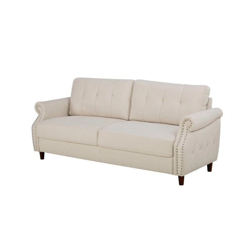 Transitional Button Tufted Sofa – Grey / Beige / Blue / Camel, Nail Head Trim, Rolled Arms, Seats 3