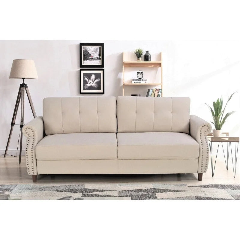 Transitional Button Tufted Sofa – Grey / Beige / Blue / Camel, Nail Head Trim, Rolled Arms, Seats 3